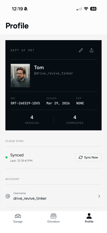 Assembly app showing a profile and cloud sync screen