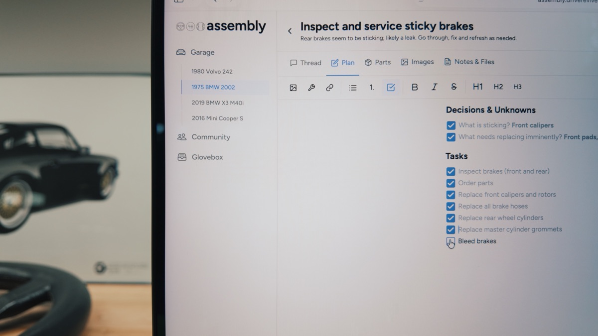 A brake inspection and service project checklist in Assembly web